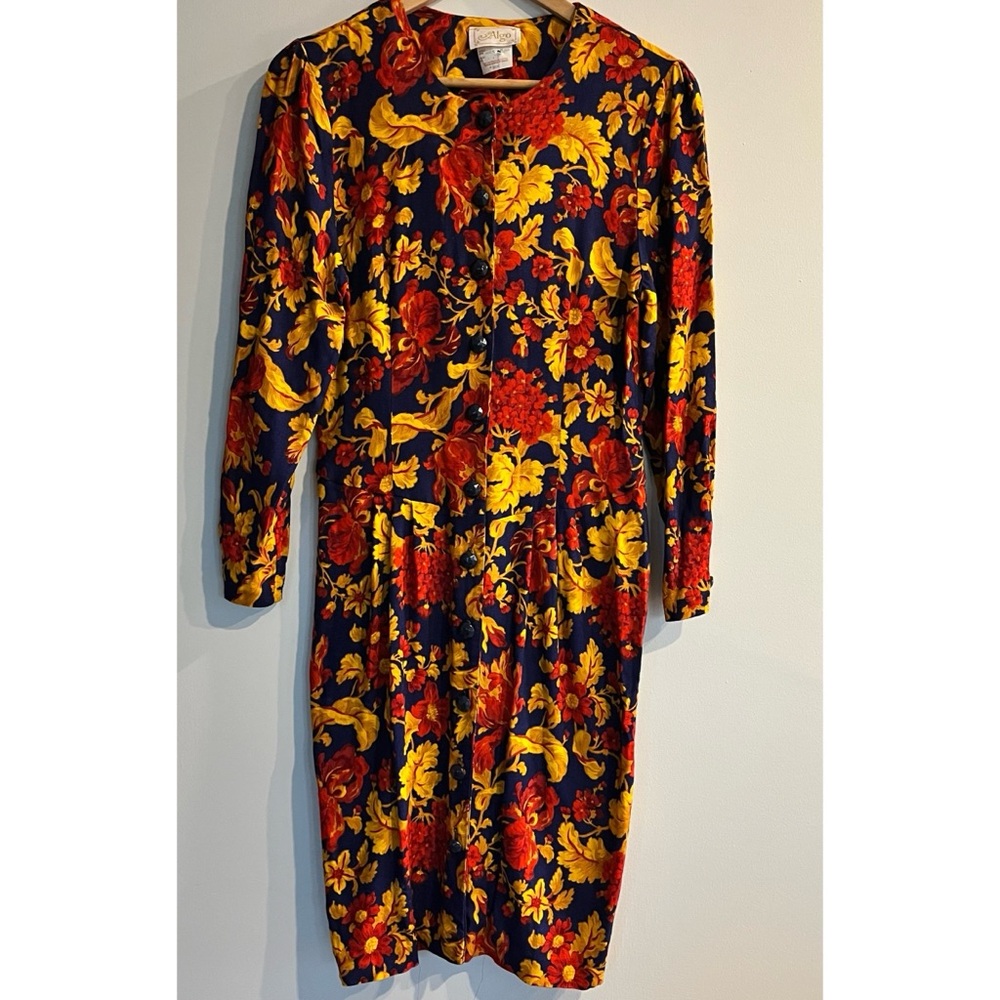 Vintage 80s/ 90s Vibrant Blue Red & Yellow Floral Long Sleeve MIDI Dress Small